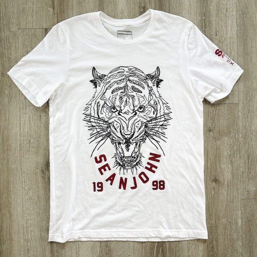 Sean John Tiger Graphic T-Shirt Mens Large White Red Y2K Hip Hop Streetwear L